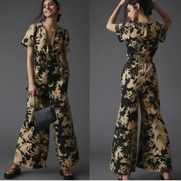 By Anthropologie Pants - Anthropologie Floral Jumpsuit Black Tan Wide Leg Romper Size M